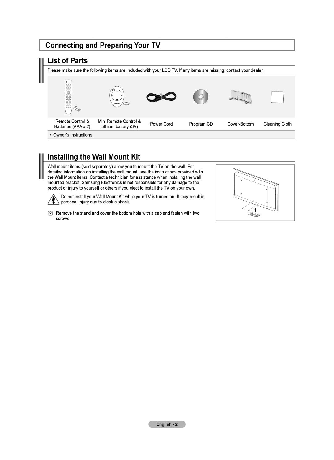 Samsung Series 9 Connecting and Preparing Your TV List of Parts, Installing the Wall Mount Kit, Owner’s Instructions 