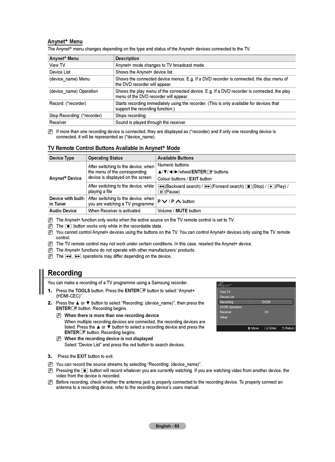 Samsung Series 9 user manual Recording, Anynet+ Menu, TV Remote Control Buttons Available in Anynet+ Mode 