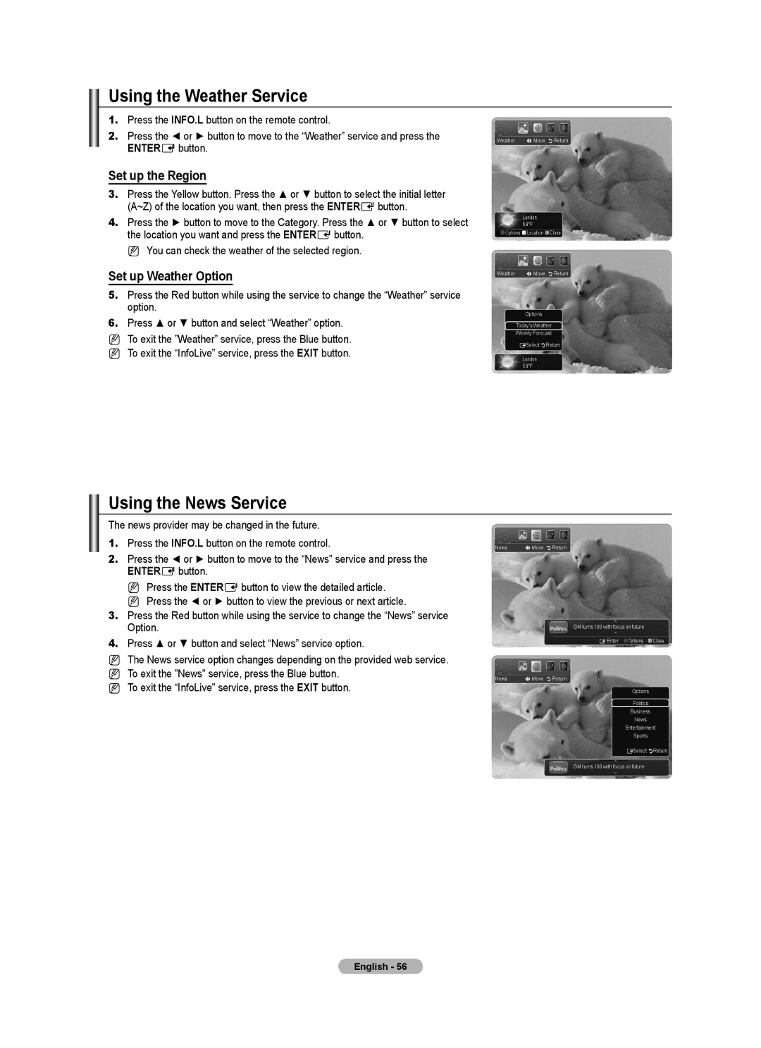 Samsung Series 9 user manual Using the Weather Service, Using the News Service, Set up the Region, Set up Weather Option 