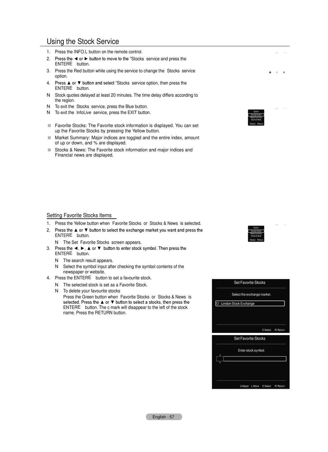 Samsung Series 9 user manual Using the Stock Service, Setting Favorite Stocks Items, To delete your favourite stocks 