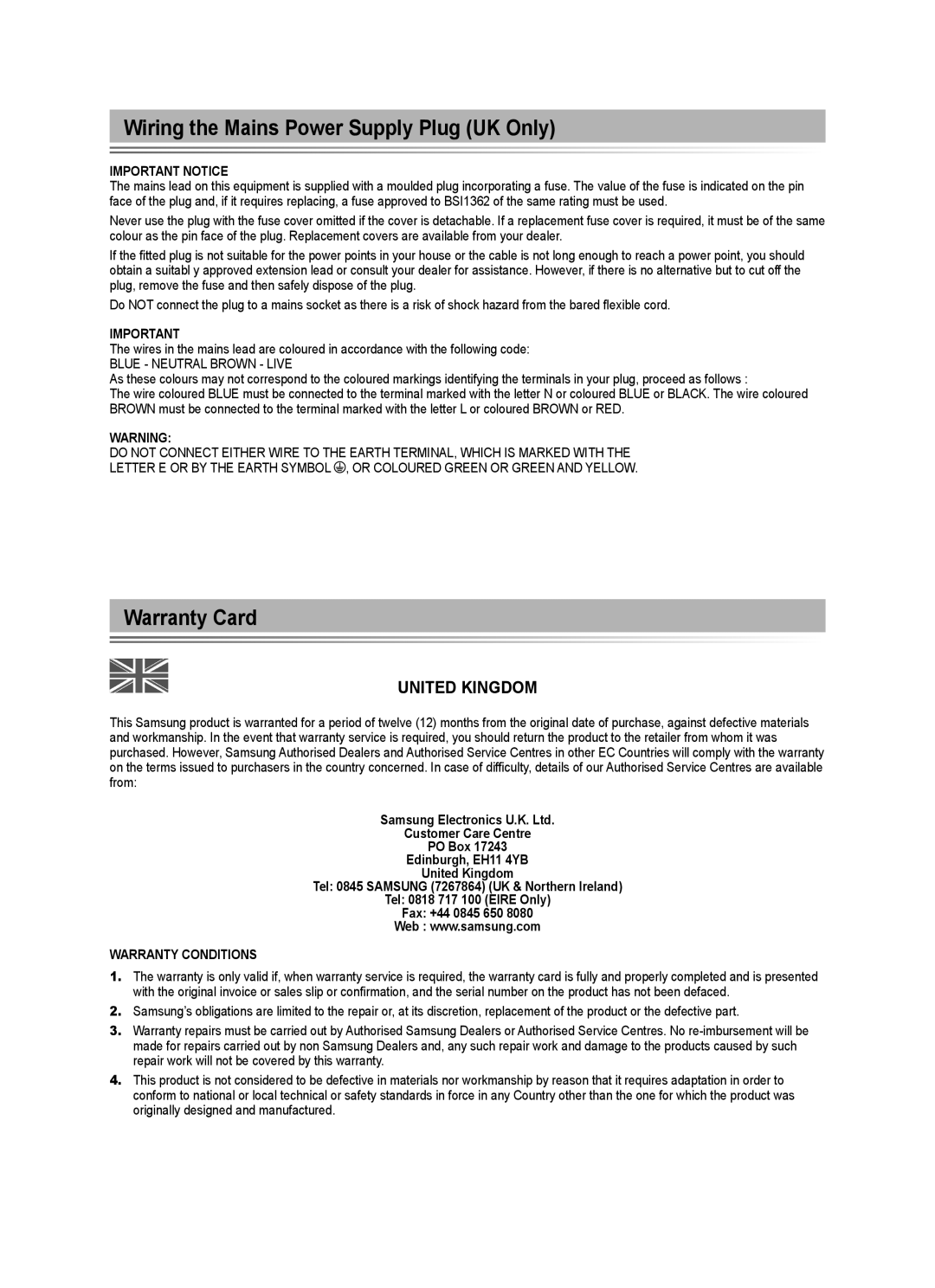 Samsung Series 9 Wiring the Mains Power Supply Plug UK Only, Warranty Card, United Kingdom, Blue Neutral Brown Live 