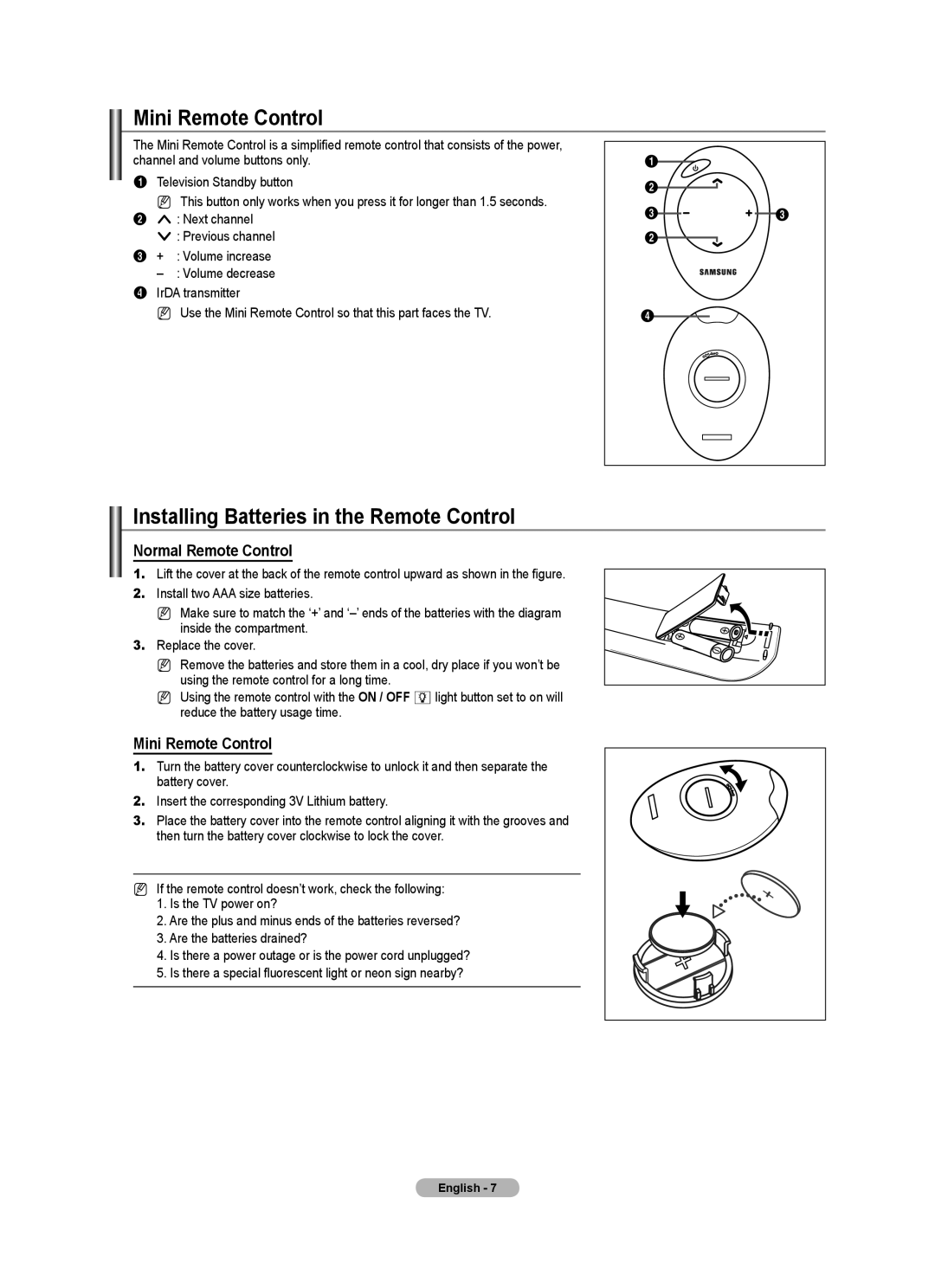 Samsung Series 9 user manual Mini Remote Control, Installing Batteries in the Remote Control, Normal Remote Control 