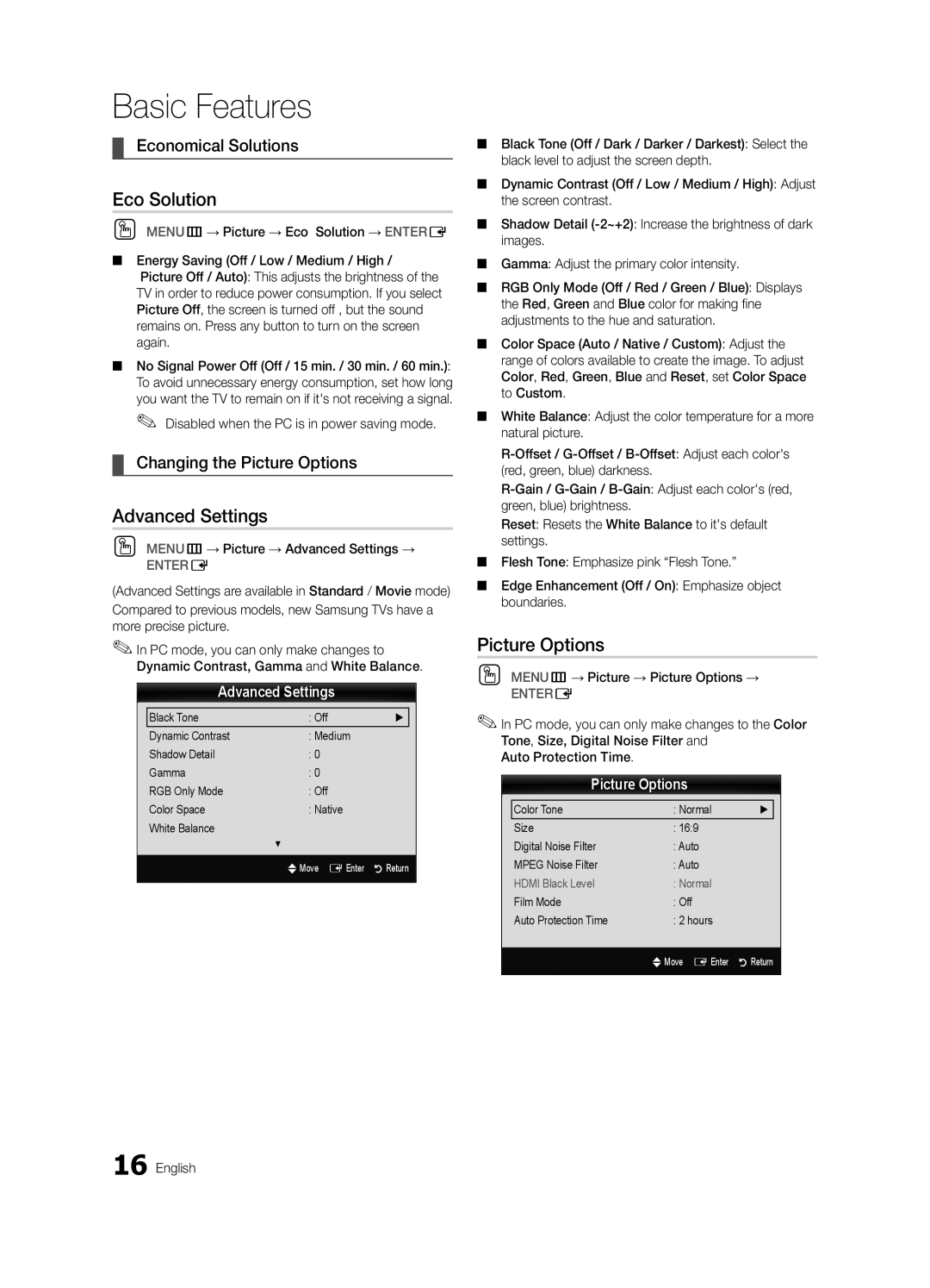 Samsung UN19C4000, Series C4 Eco Solution, Advanced Settings, Economical Solutions, Changing the Picture Options 