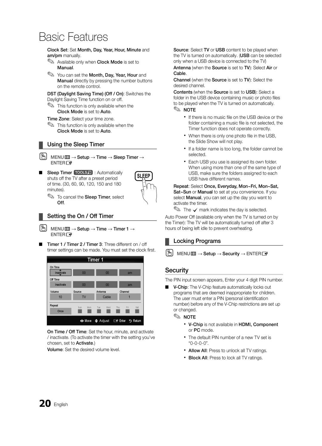 Samsung Series C4, UN19C4000, UN26C4000 Security, Using the Sleep Timer, Setting the On / Off Timer, Locking Programs 