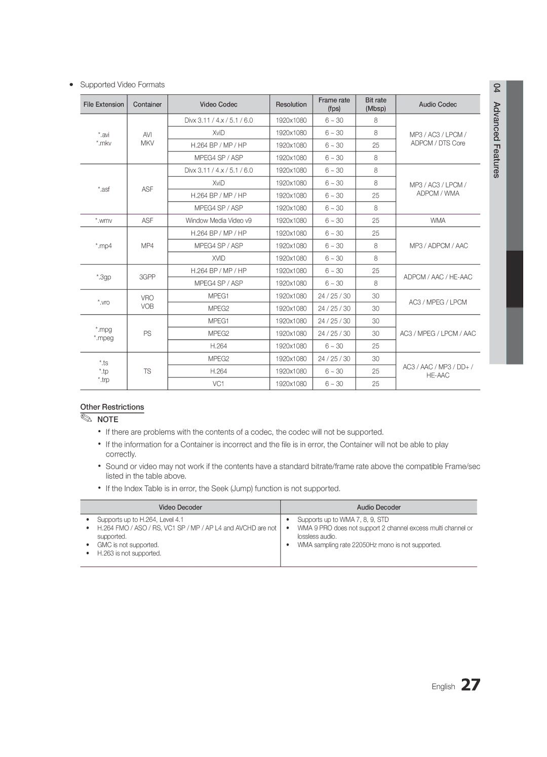 Samsung UN26C4000, Series C4, UN19C4000, UN22C4010, UN22C4000 Yy Supported Video Formats, 04Features Advanced English 