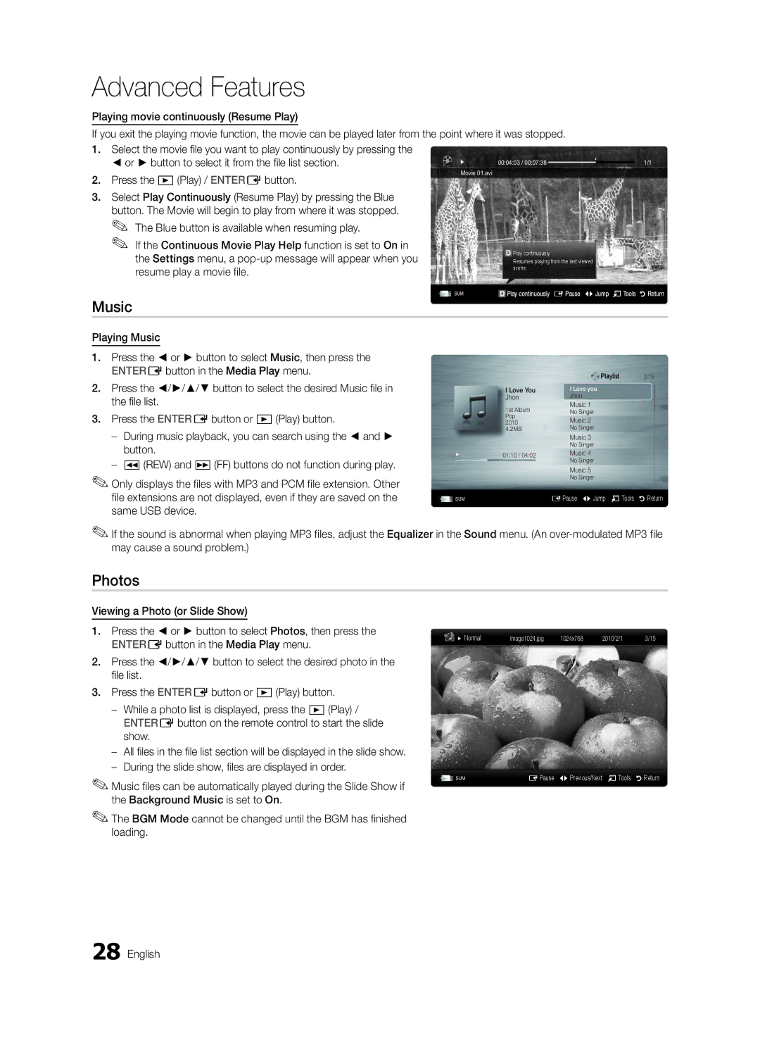 Samsung UN22C4010, Series C4, UN19C4000, UN26C4000, UN22C4000 user manual Music, Photos 