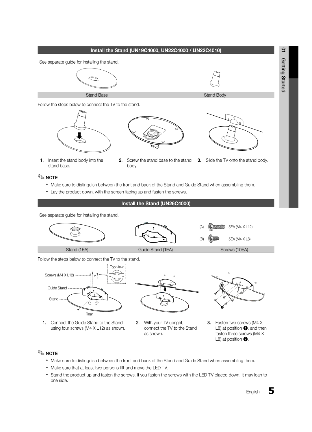 Samsung Series C4 user manual Install the Stand UN19C4000, UN22C4000 / UN22C4010, Install the Stand UN26C4000 