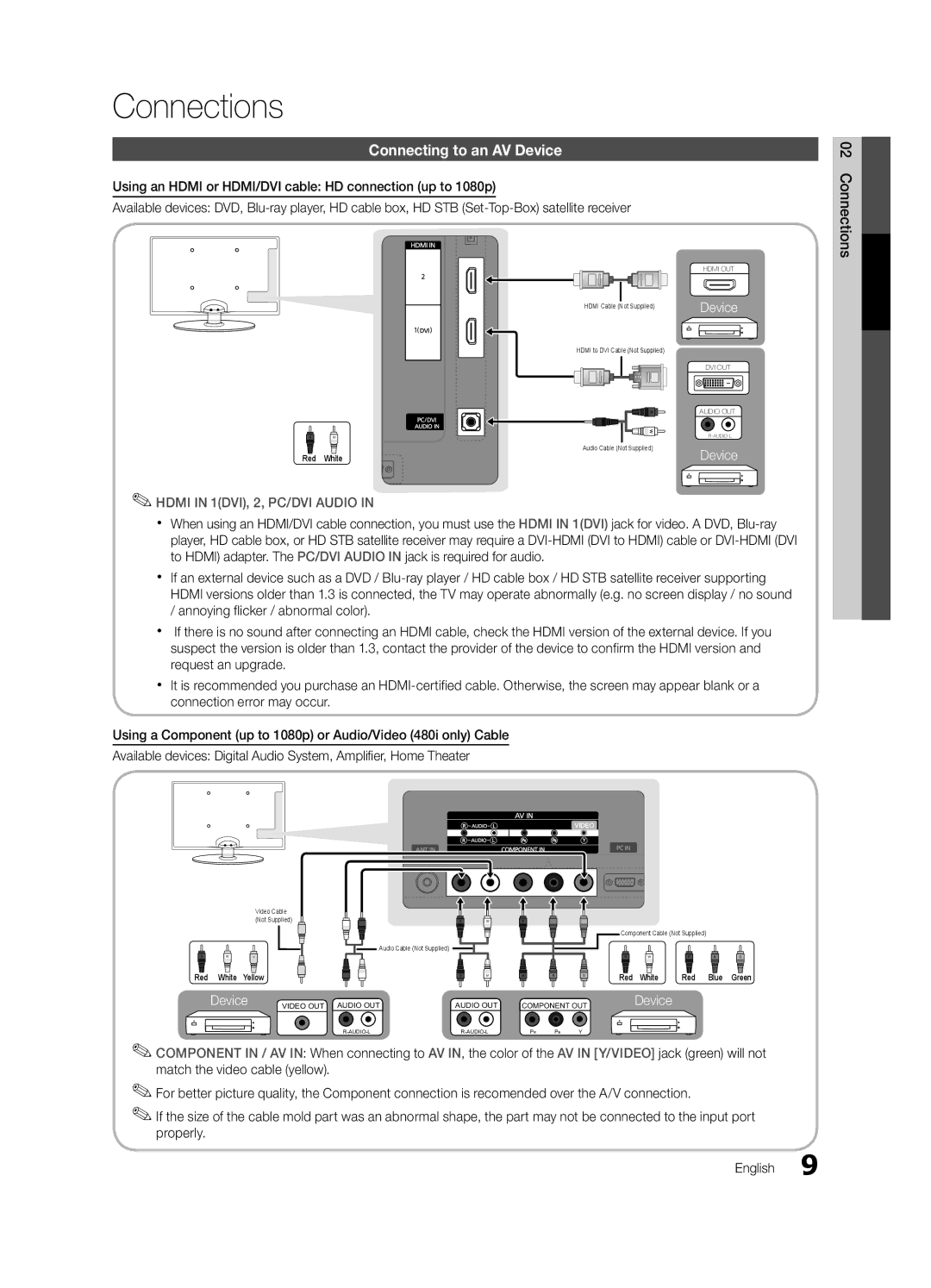 Samsung UN22C4000, Series C4, UN19C4000, UN26C4000 Connections, Connecting to an AV Device, Hdmi in 1DVI, 2, PC/DVI Audio 