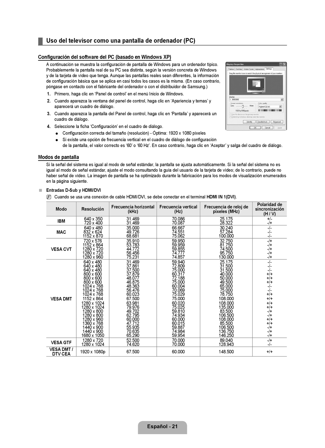 Samsung Series L6 Uso del televisor como una pantalla de ordenador PC, Modos de pantalla, Entradas D-Sub y HDMI/DVI 