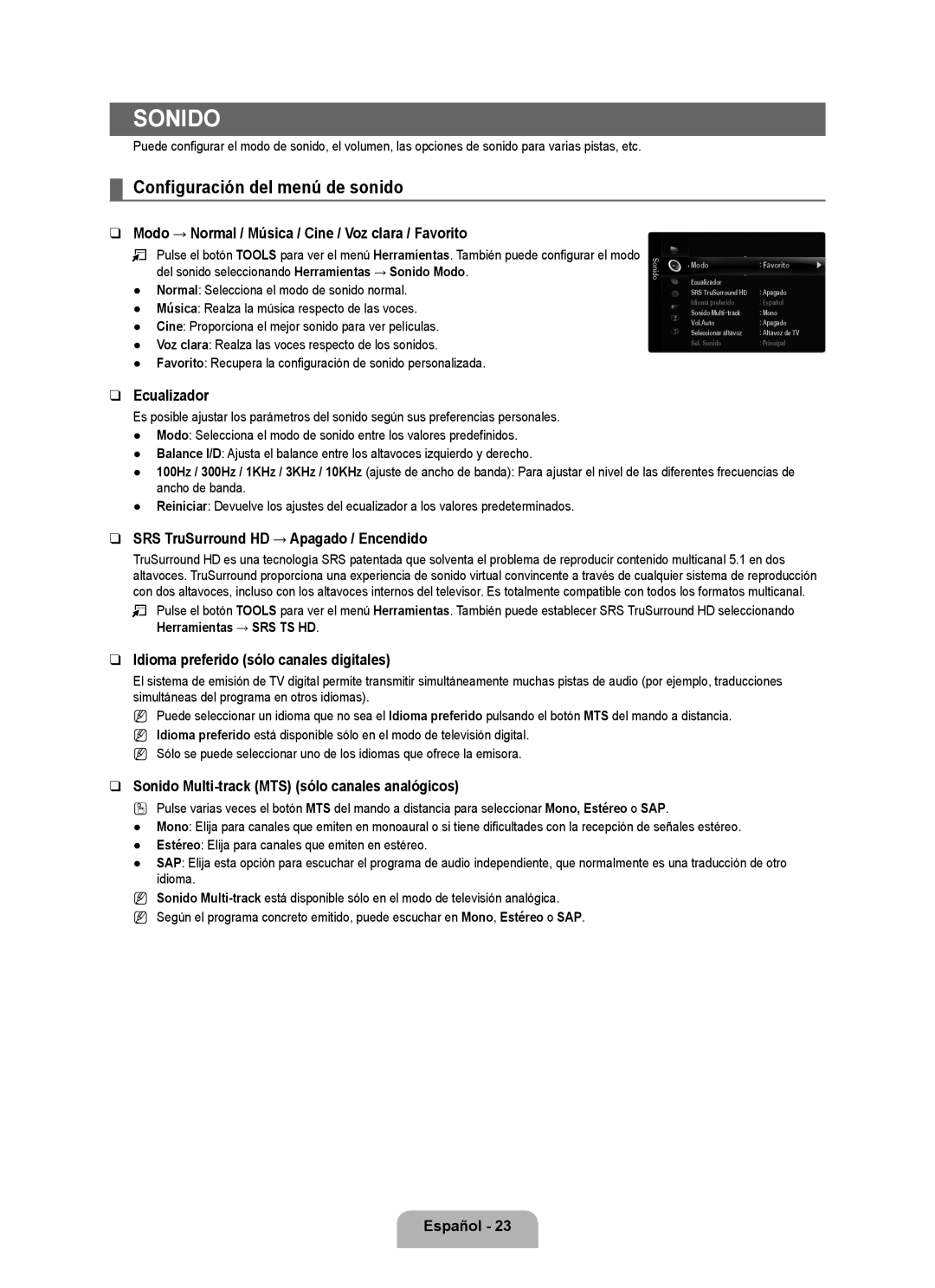 Samsung Series L6 user manual Sonido, Configuración del menú de sonido 