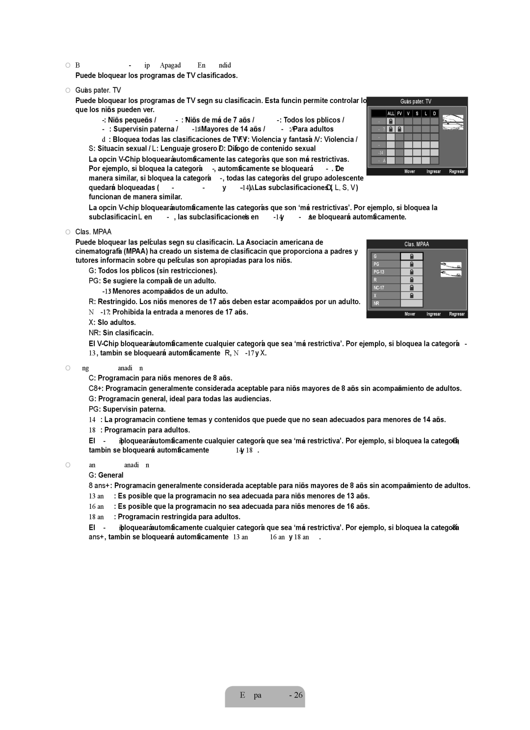 Samsung Series L6 Bloqueo V-Chip → Apagado / Encendido, Puede bloquear los programas de TV clasificados, Guías pater. TV 