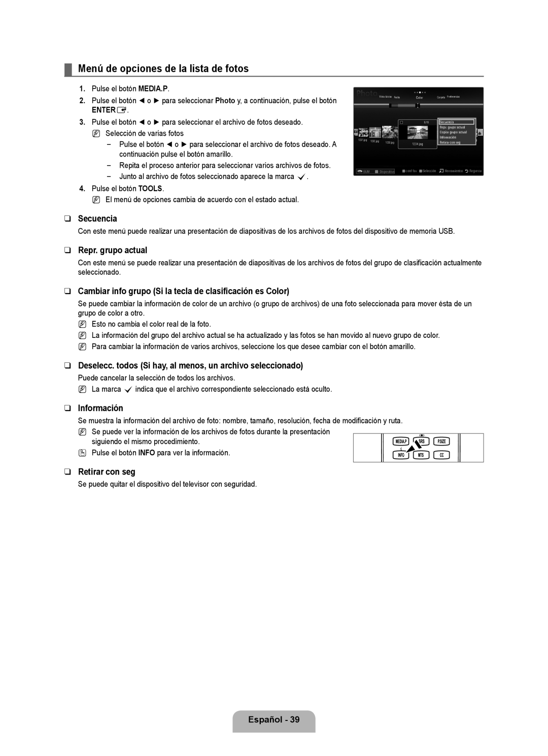 Samsung Series L6 user manual Menú de opciones de la lista de fotos 