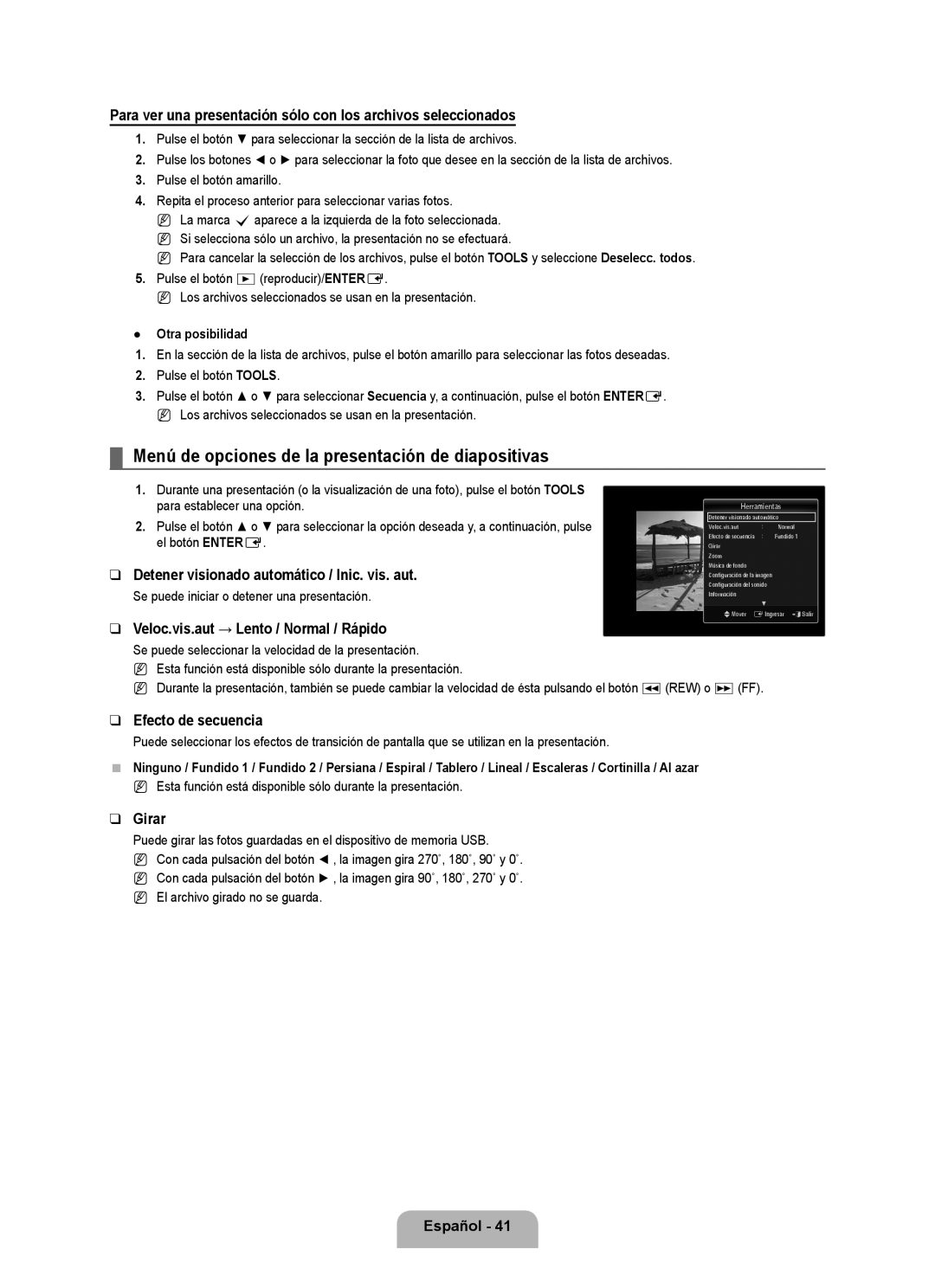 Samsung Series L6 Menú de opciones de la presentación de diapositivas, Detener visionado automático / Inic. vis. aut 