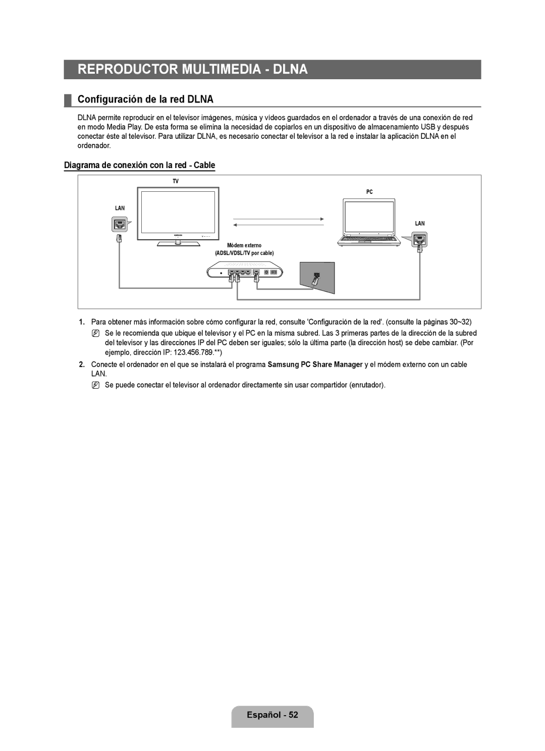 Samsung Series L6 user manual Configuración de la red Dlna, Diagrama de conexión con la red Cable 