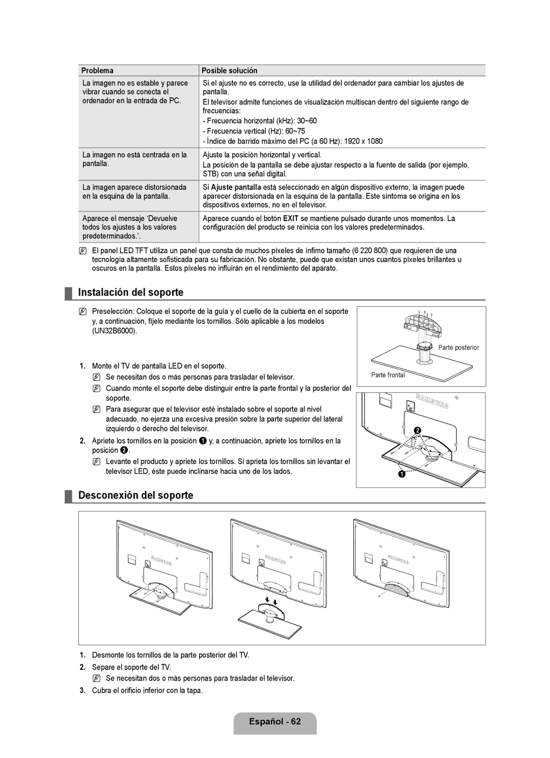 Samsung Series L6 Instalación del soporte, Desconexión del soporte, Problema, La imagen no está centrada en la pantalla 