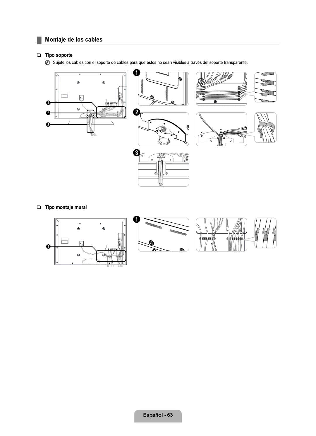 Samsung Series L6 user manual Montaje de los cables, Tipo soporte, Tipo montaje mural Español  