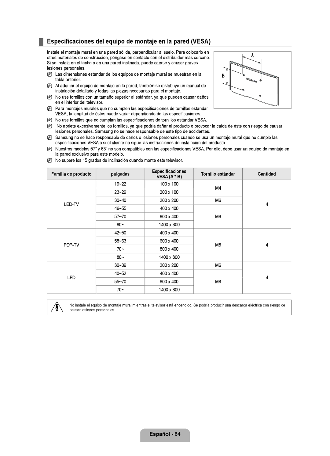 Samsung Series L6 user manual Especificaciones del equipo de montaje en la pared Vesa 