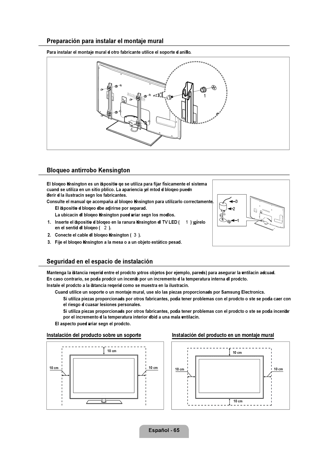 Samsung Series L6 user manual Preparación para instalar el montaje mural, Bloqueo antirrobo Kensington 