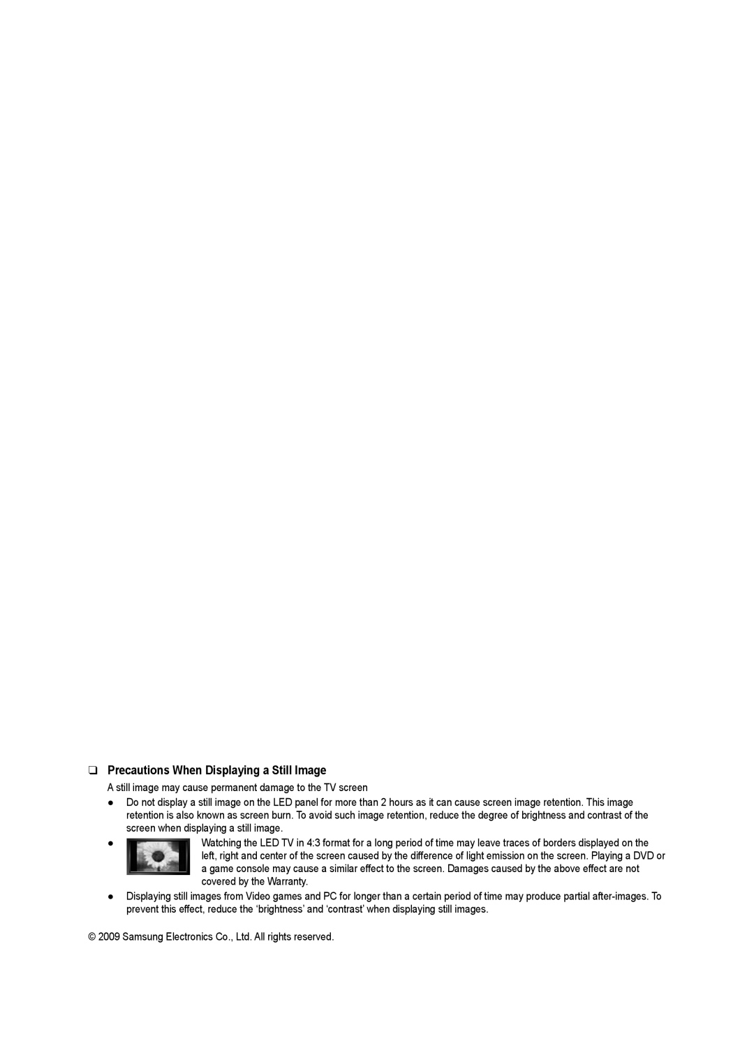 Samsung Series L6 user manual Precautions When Displaying a Still Image 