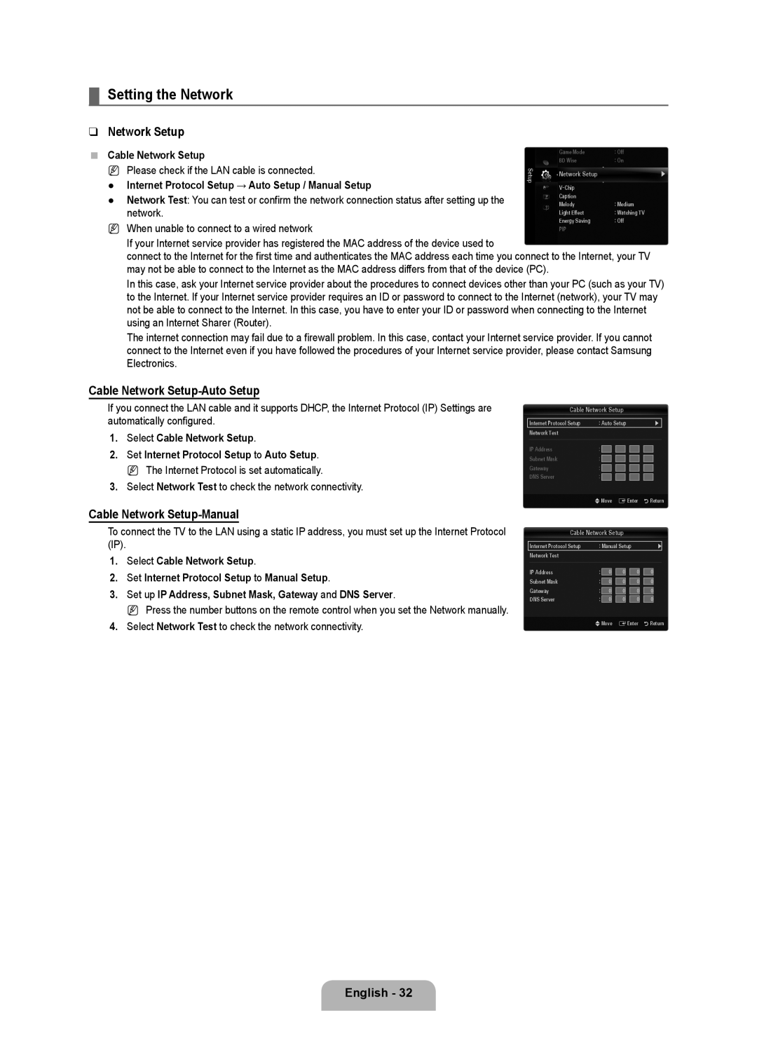 Samsung Series L6 user manual Setting the Network, Cable Network Setup-Auto Setup, Cable Network Setup-Manual 