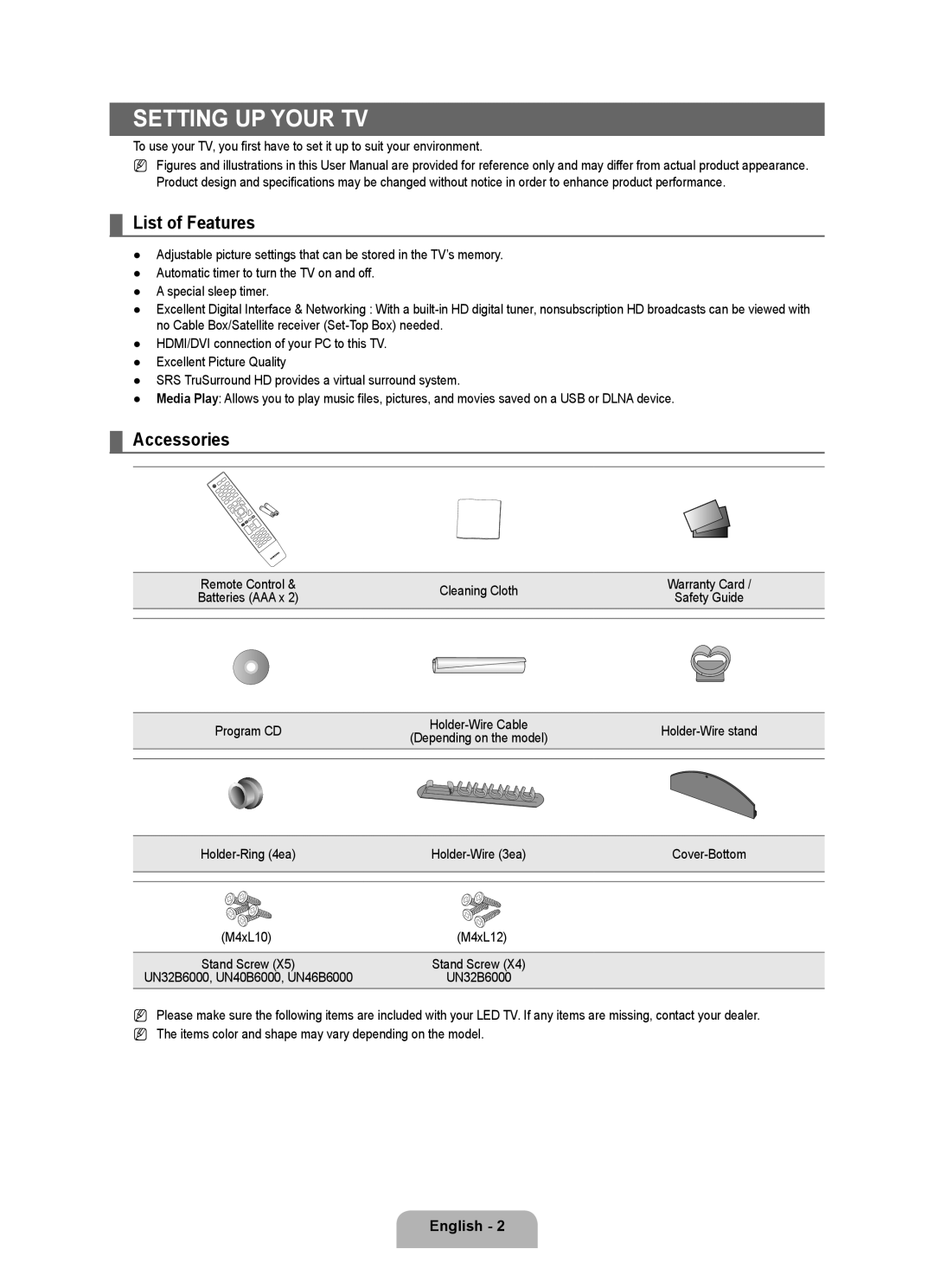 Samsung Series L6 user manual List of Features, Accessories 