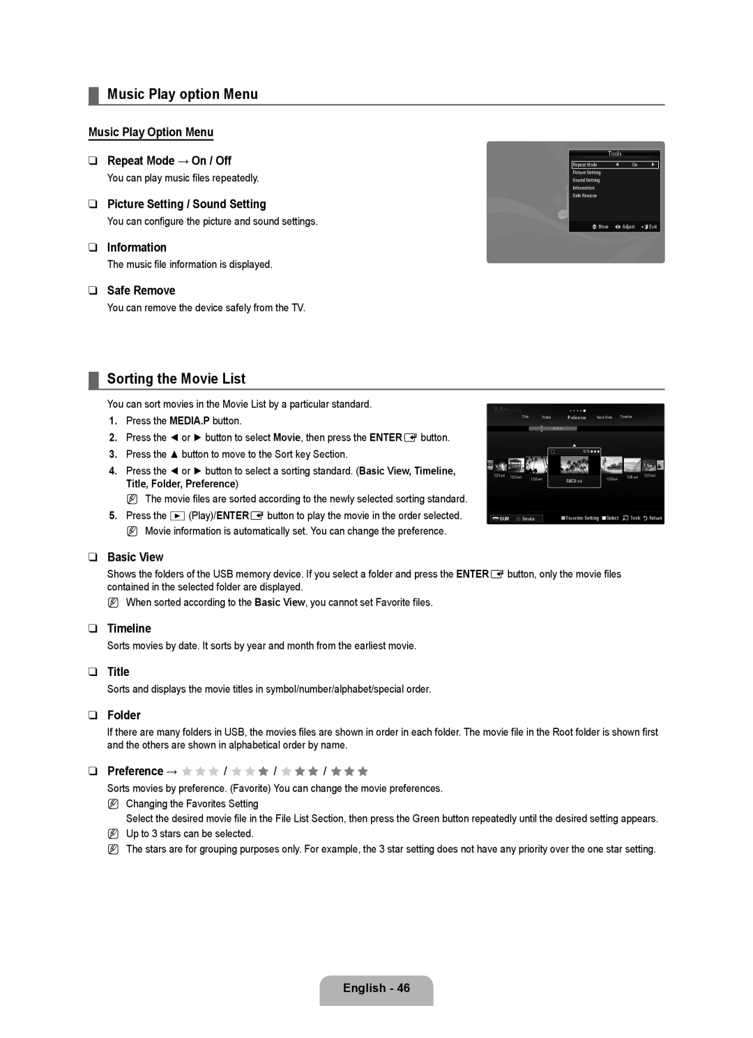 Samsung Series L6 user manual Music Play option Menu, Sorting the Movie List, Music Play Option Menu Repeat Mode → On / Off 