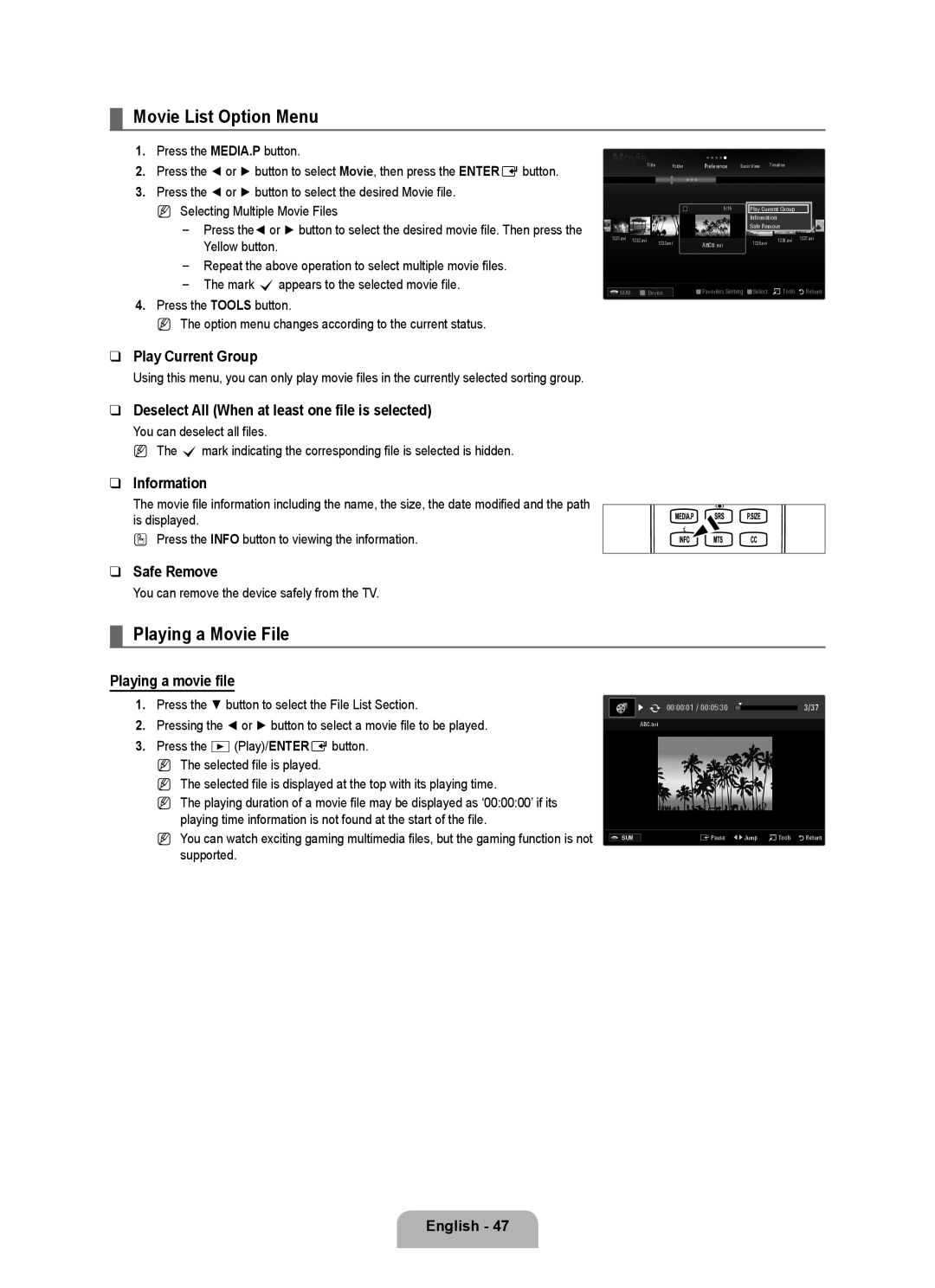 Samsung Series L6 user manual Movie List Option Menu, Playing a Movie File, Playing a movie file, 000001 / 000530 3/37 