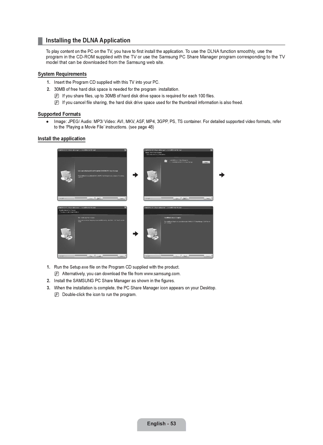 Samsung Series L6 Installing the Dlna Application, System Requirements, Supported Formats, Install the application 