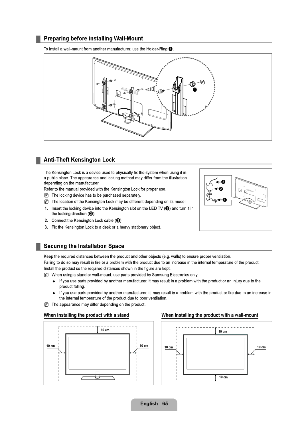 Samsung Series L6 Preparing before installing Wall-Mount, Anti-Theft Kensington Lock, Securing the Installation Space 