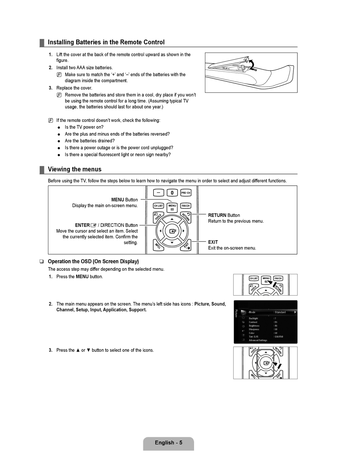 Samsung Series L6 Installing Batteries in the Remote Control, Viewing the menus, Operation the OSD On Screen Display 