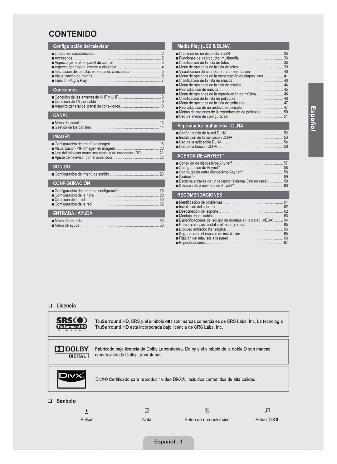 Samsung Series L6 user manual Licencia, Símbolo, Español , Pulsar 