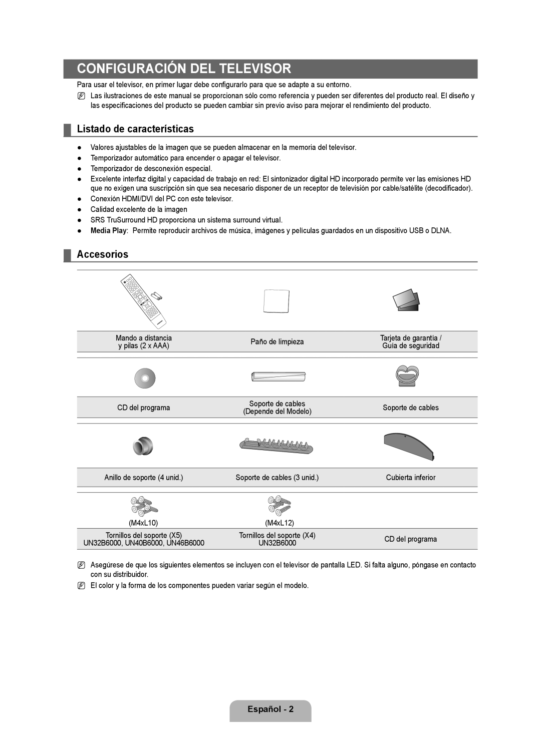 Samsung Series L6 user manual Listado de características, Accesorios, Paño de limpieza, CD del programa, Soporte de cables 