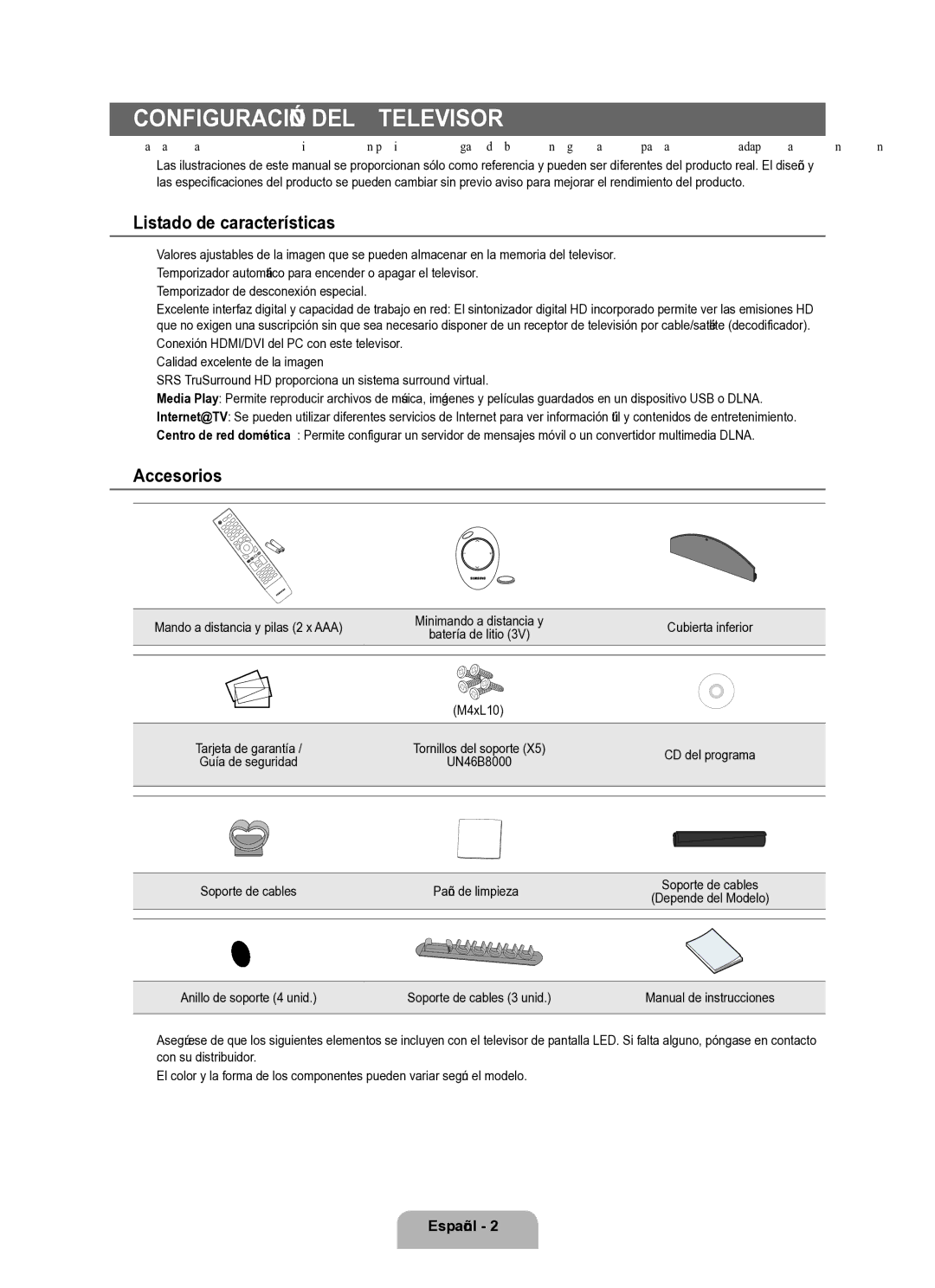 Samsung Series L8 user manual Listado de características, Accesorios, Soporte de cables Paño de limpieza 