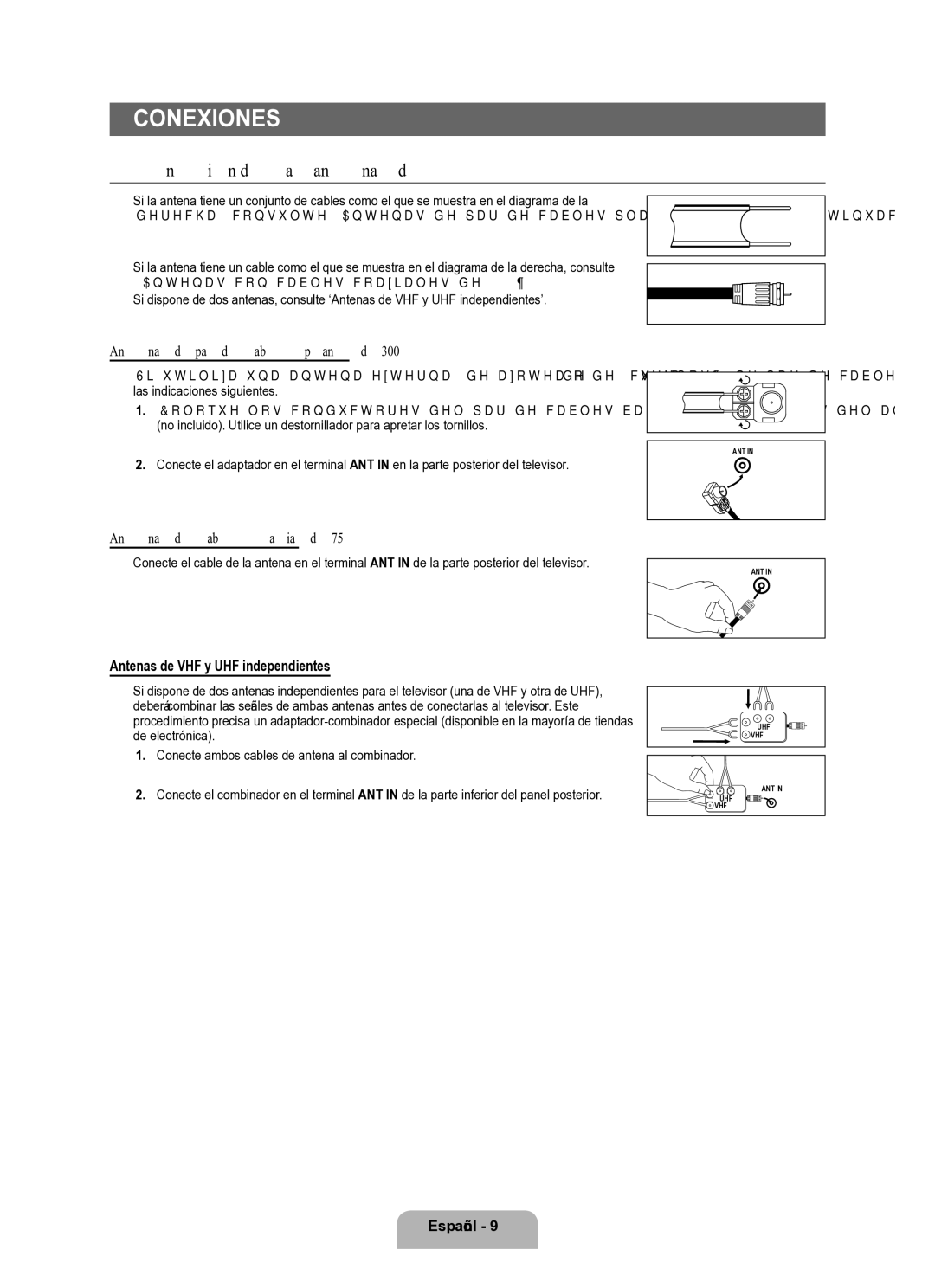 Samsung Series L8 user manual Conexión de las antenas de VHF y UHF, Antenas de par de cables planos de 300 Ω, Español 