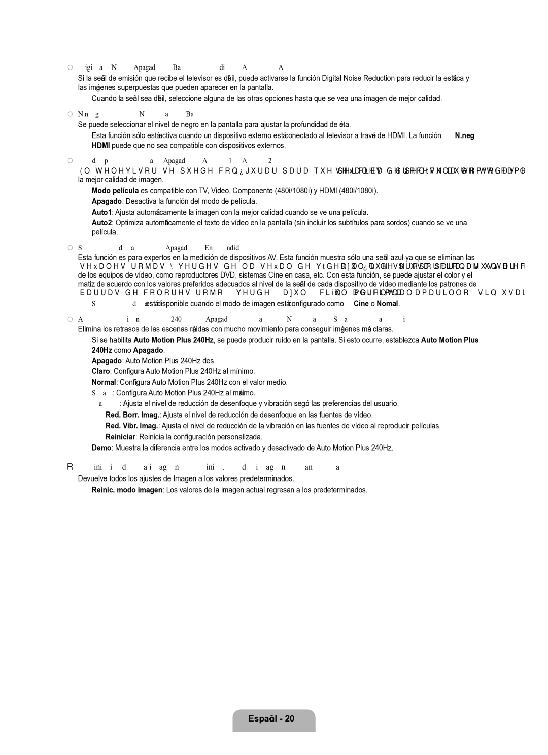 Samsung Series L8 user manual Reinicio de la imagen → Reinic. modo imagen / Cancelar, Neg Hdmi → Normal / Bajo 