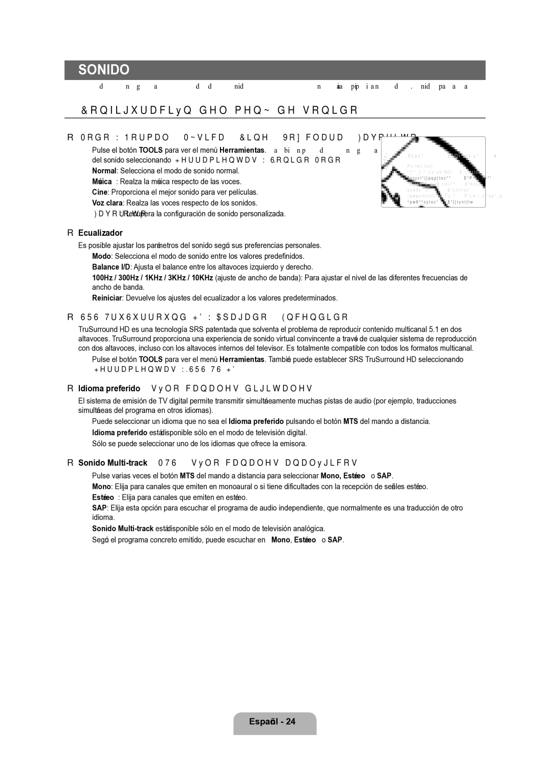 Samsung Series L8 user manual Sonido, Configuración del menú de sonido 