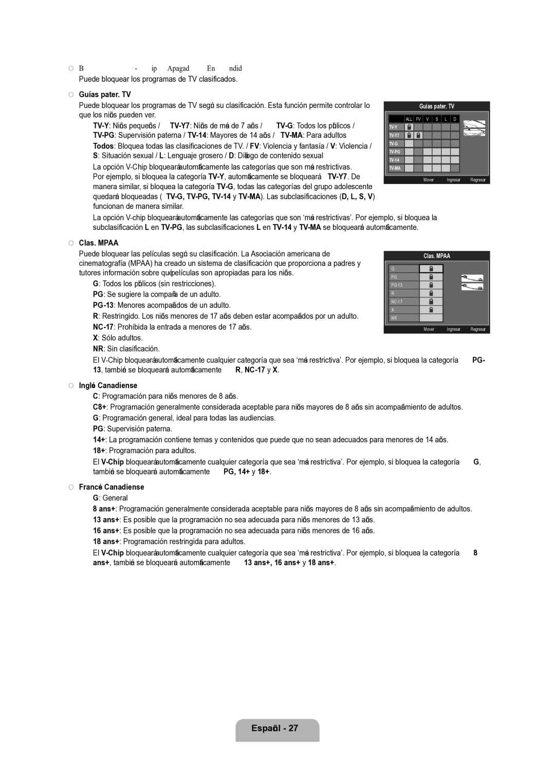 Samsung Series L8 Bloqueo V-Chip → Apagado / Encendido, Guías pater. TV, Clas. Mpaa, Inglés Canadiense, Francés Canadiense 