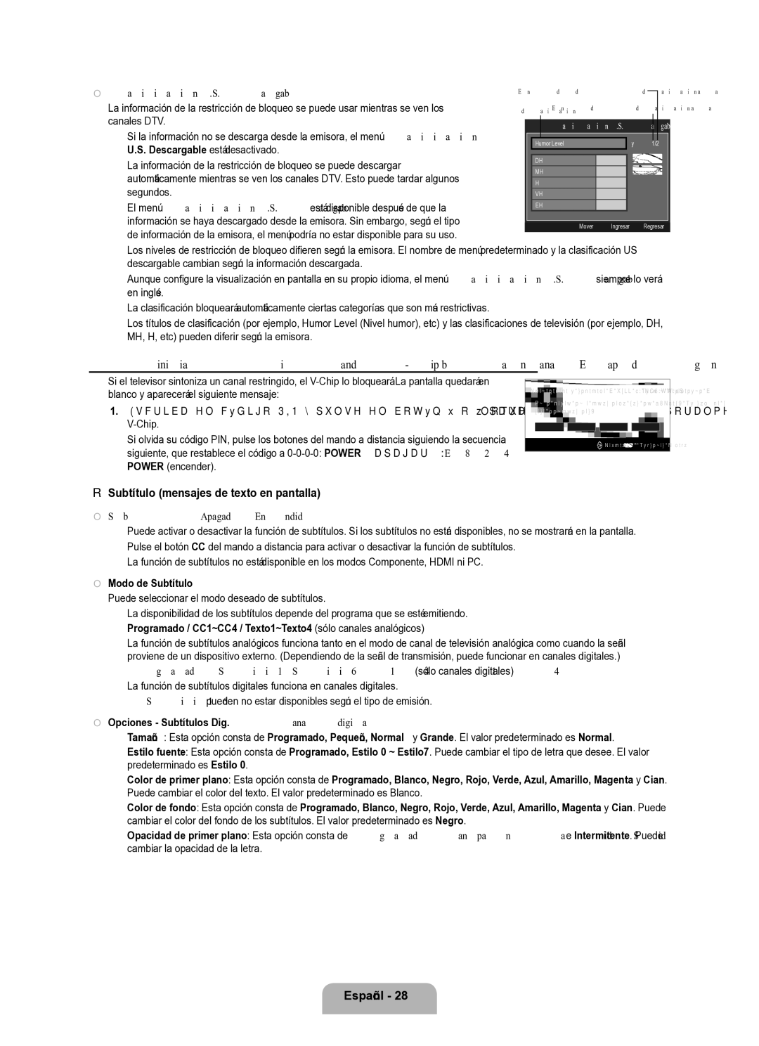 Samsung Series L8 Subtítulo mensajes de texto en pantalla, Clasificación U.S. Descargable, Subtítulo → Apagado / Encendido 