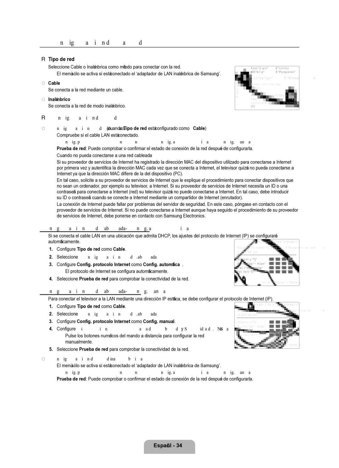 Samsung Series L8 Configuración de la red, Tipo de red, Configuración de red, Configuración red cableada-Config. manual 