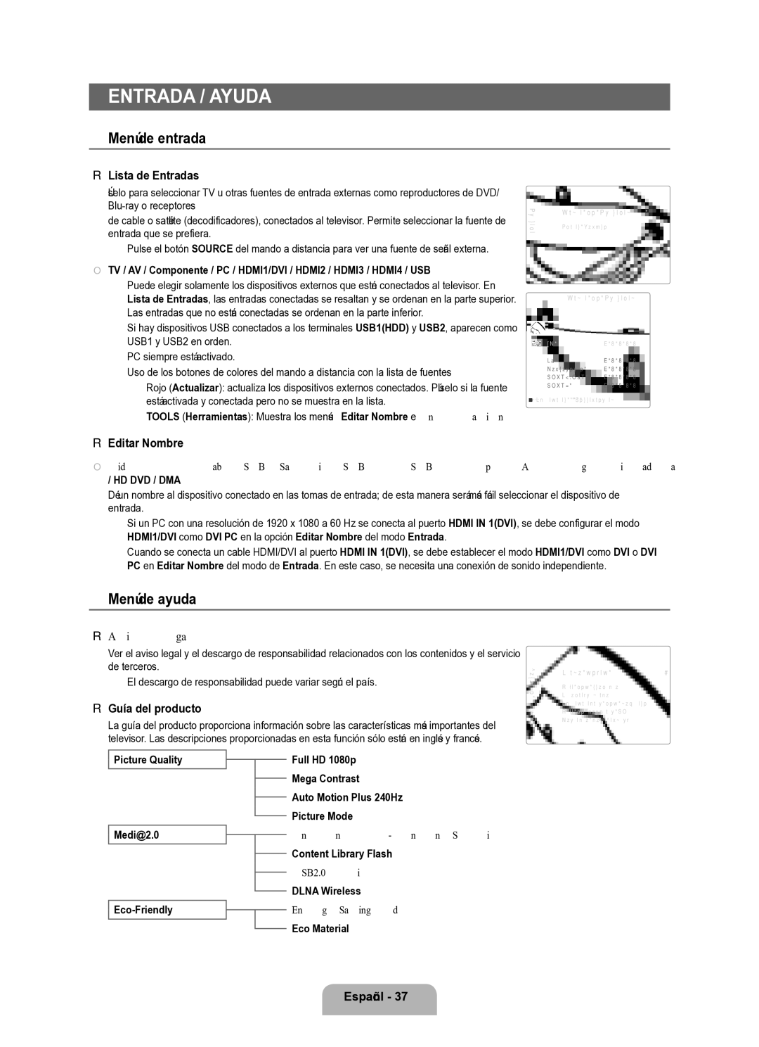 Samsung Series L8 user manual Entrada / Ayuda, Menú de entrada, Menú de ayuda 