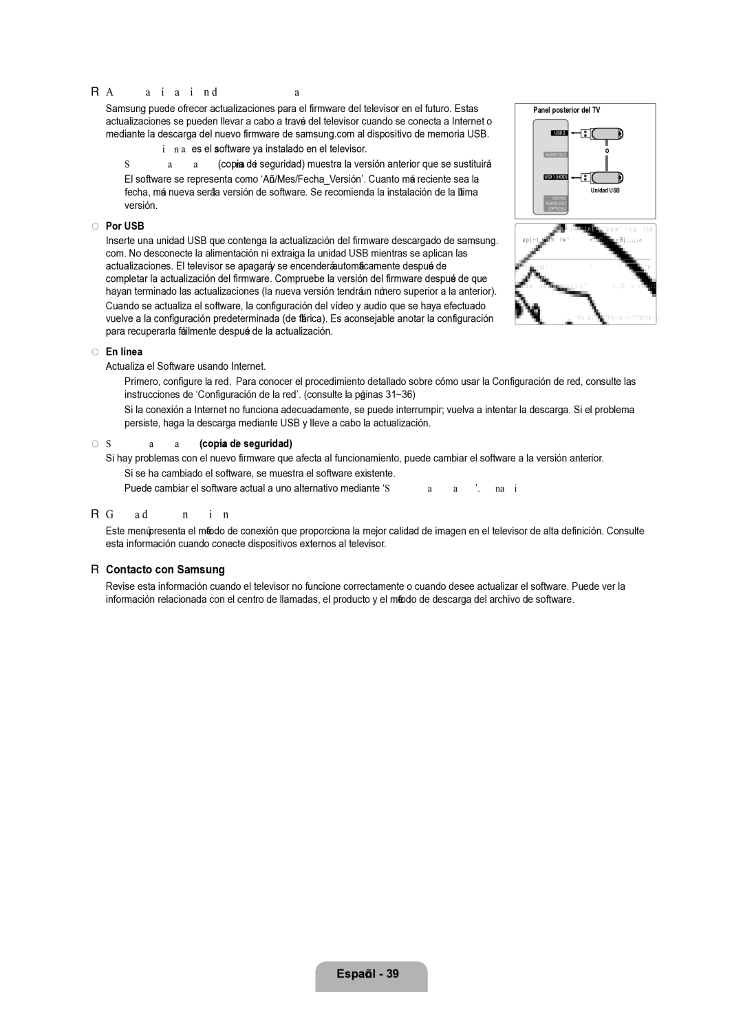 Samsung Series L8 user manual Actualización del software, Guía de conexión HD, Contacto con Samsung 