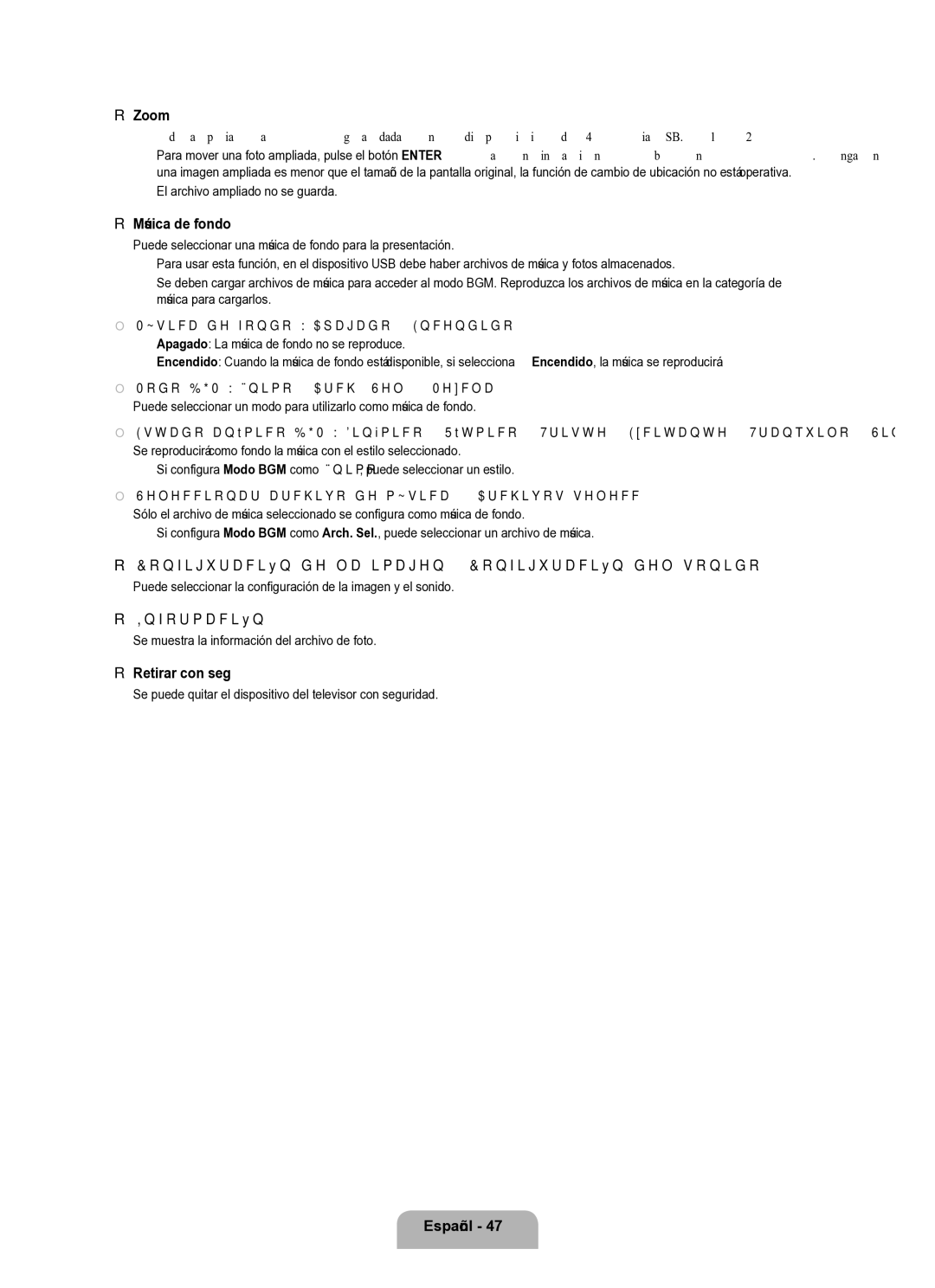 Samsung Series L8 user manual Música de fondo, Configuración de la imagen / Configuración del sonido 