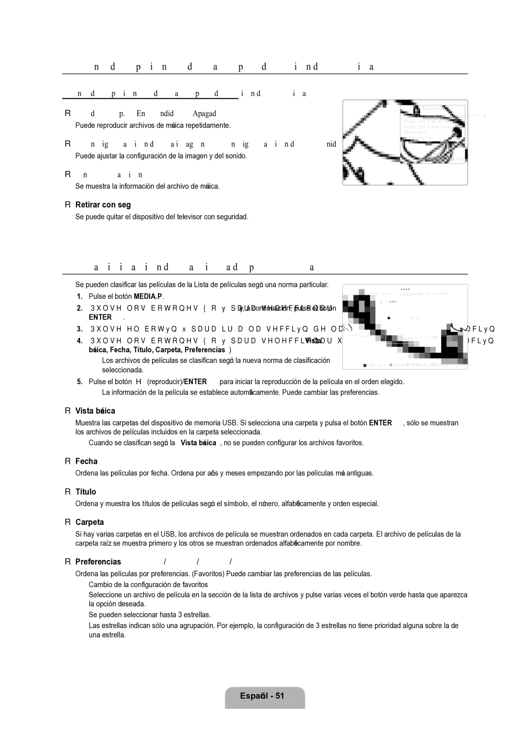 Samsung Series L8 user manual Menú de opciones de la reproducción de música, Clasificación de la lista de películas 