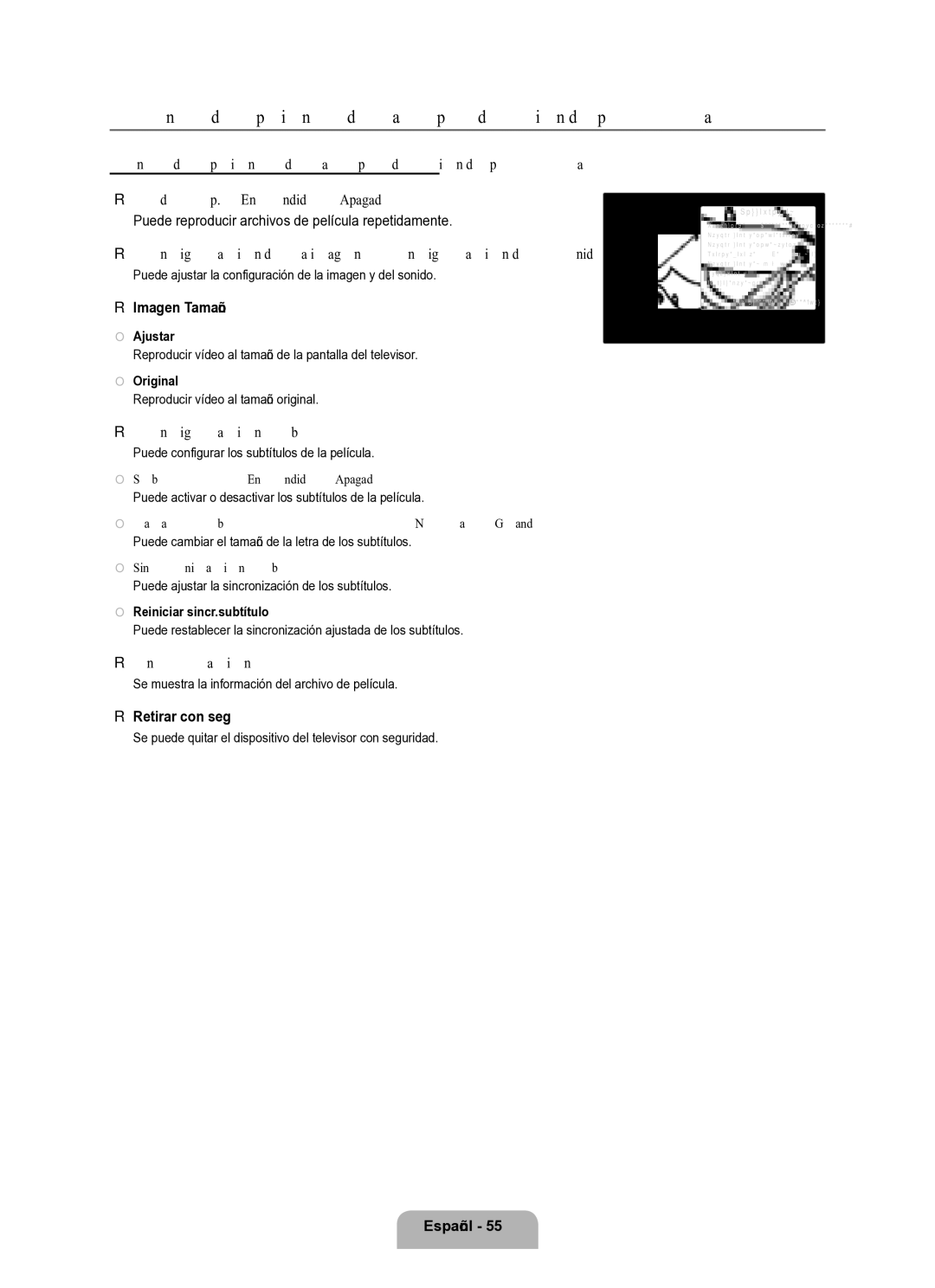 Samsung Series L8 user manual Menús de opciones de la reproducción de películas, Imagen Tamaño, Configuración subtítulo 