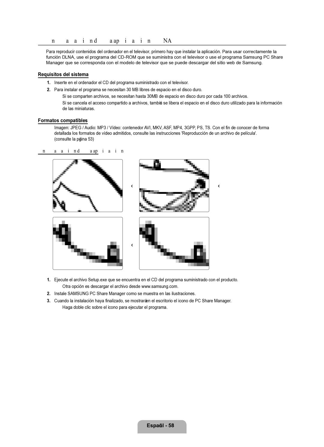 Samsung Series L8 user manual Instalación de la aplicación Dlna, Requisitos del sistema, Formatos compatibles 