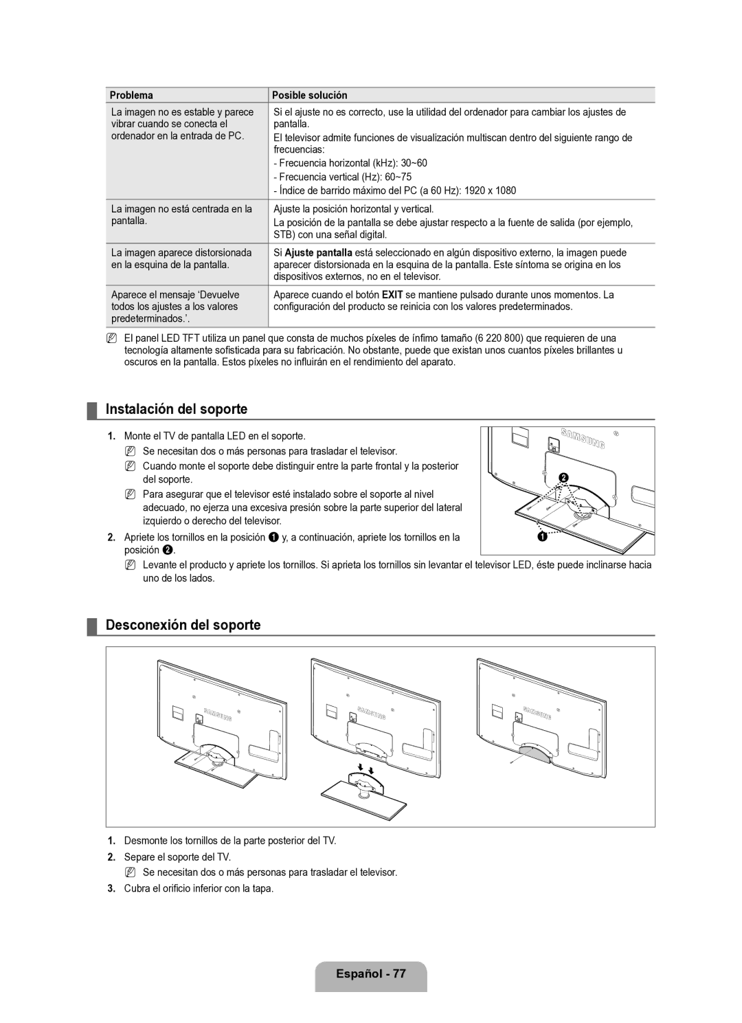 Samsung Series L8 user manual Instalación del soporte, Desconexión del soporte, Separe el soporte del TV 