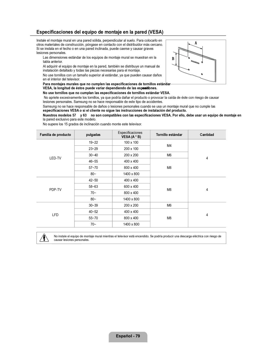 Samsung Series L8 user manual Especificaciones del equipo de montaje en la pared Vesa, Español 9, Pulgadas 