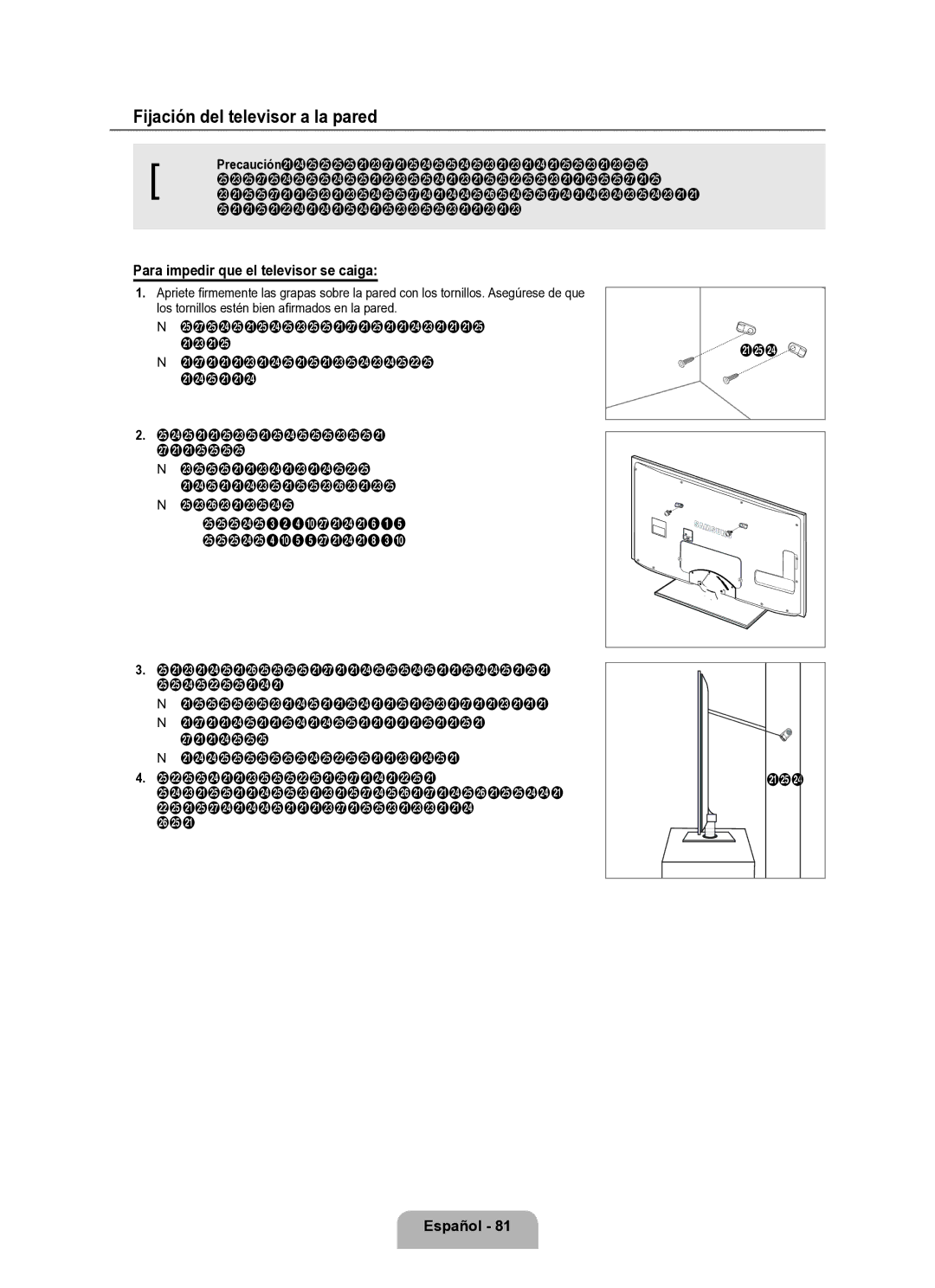 Samsung Series L8 user manual Fijación del televisor a la pared, Para impedir que el televisor se caiga 