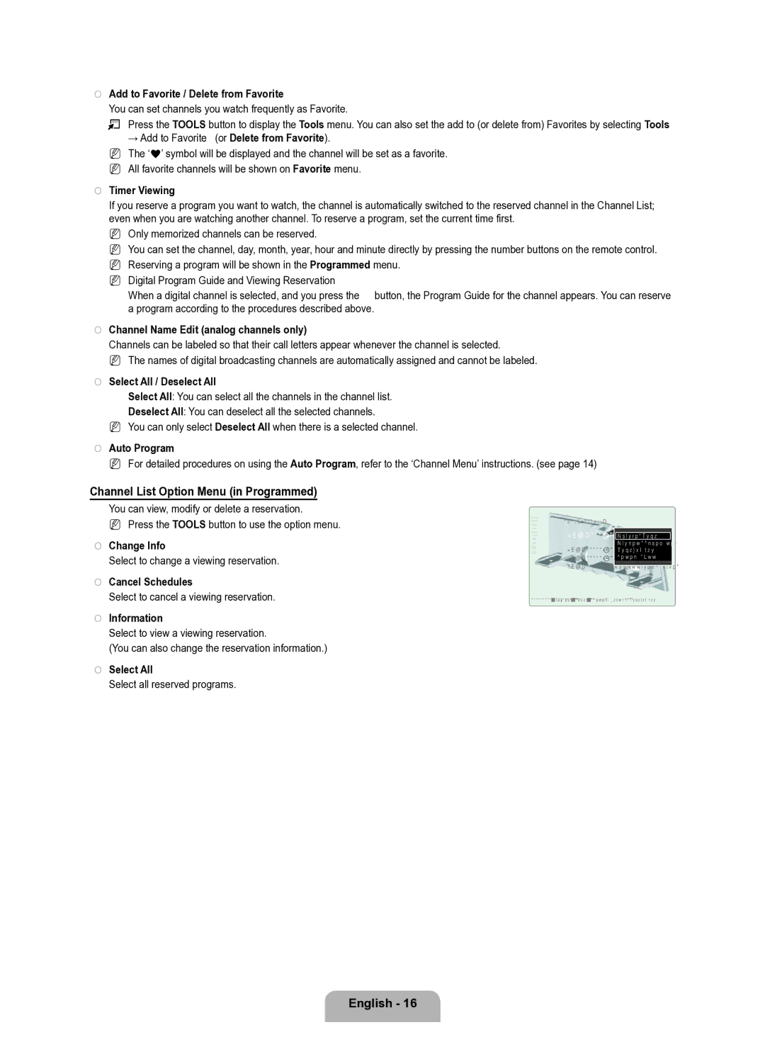 Samsung Series L8 user manual Channel List Option Menu in Programmed 