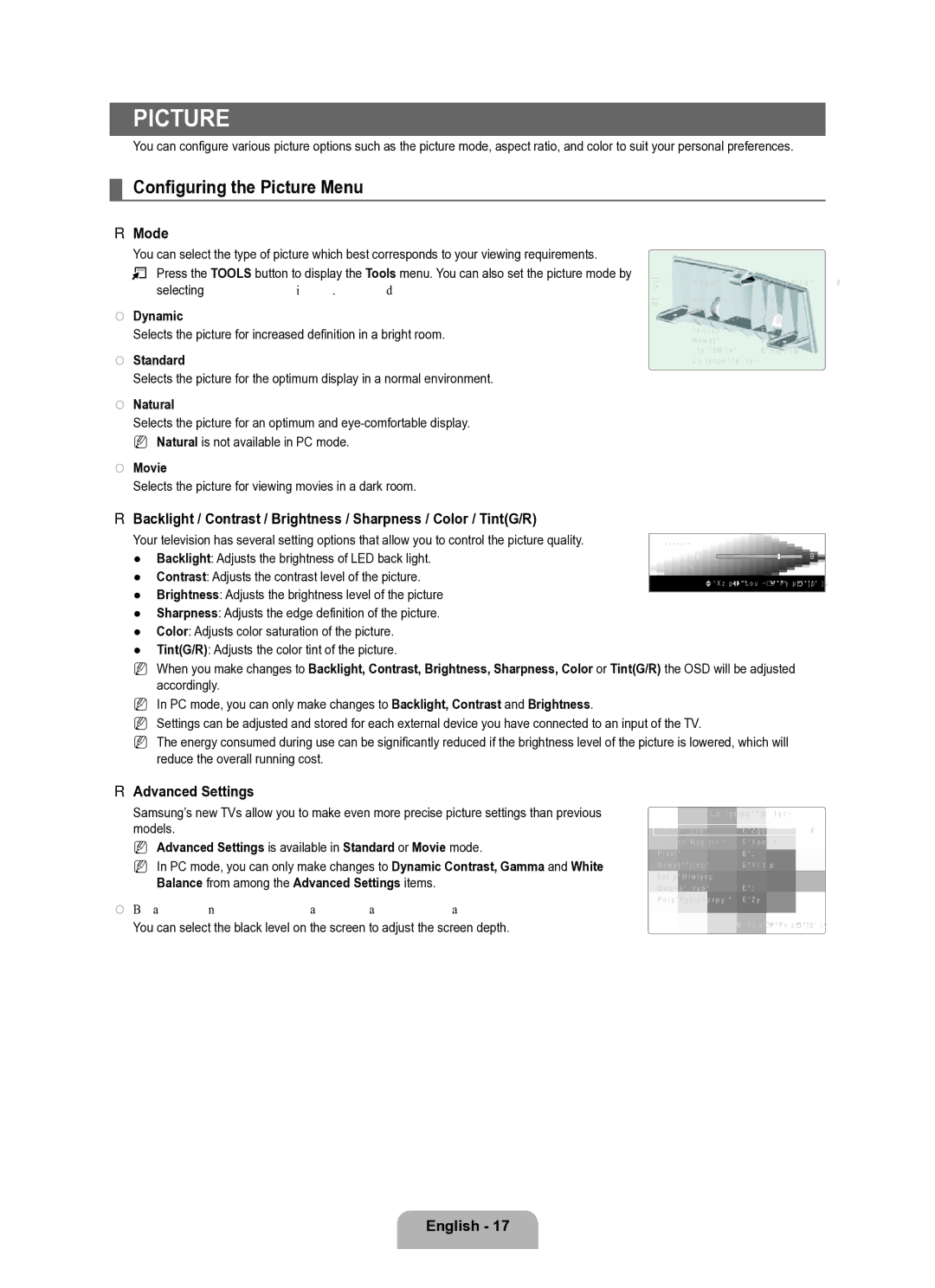 Samsung Series L8 user manual Configuring the Picture Menu, Mode, Advanced Settings 